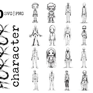 May include: A set of 40 black and white horror character illustrations. The characters are drawn in a cartoon style and include a variety of monsters, ghouls, and other spooky creatures.