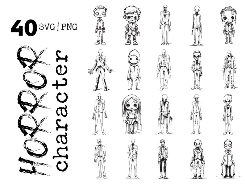 May include: A set of 40 black and white horror character illustrations. The characters are drawn in a cartoon style and include a variety of monsters, ghouls, and other spooky creatures.
