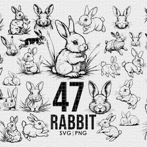 May include: A set of 47 black and white rabbit illustrations. The rabbits are in various poses, including sitting, standing, hopping, and eating. The illustrations are perfect for use in crafts, scrapbooking, and other creative projects.