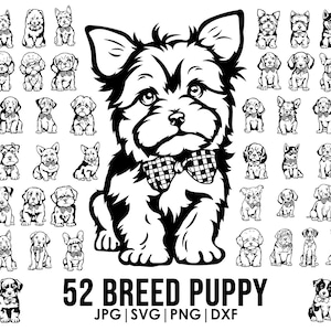 52 cute Puppy bundle drawing  SVG, Png, jpg Bundle, Dog with bow, Cricut laser cutting, Tattoo, t-shirt, mug, Vector graphic