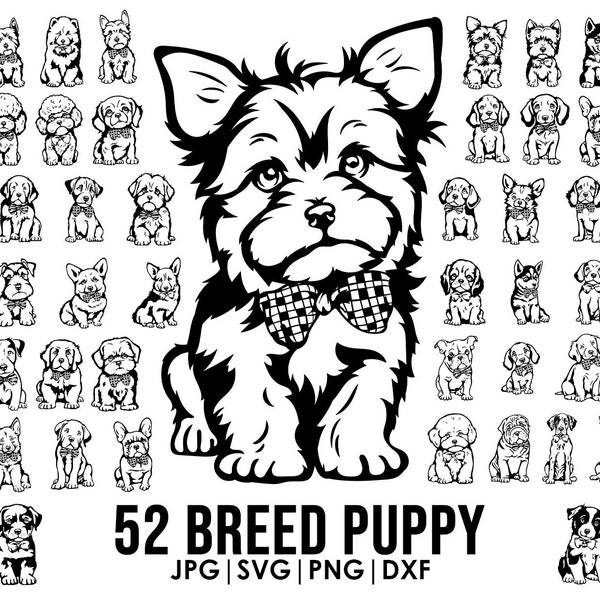 52 cute Puppy bundle drawing  SVG, Png, jpg Bundle, Dog with bow, Cricut laser cutting, Tattoo, t-shirt, mug, Vector graphic