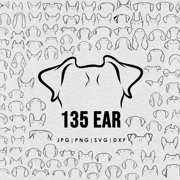 Hond Svg-bundel, 135 hondenoren tekening Svg, Tattoo, lijntekening, DXF, PNG bundel, digitale download, compatibel met Cricut Silhouette, clipart