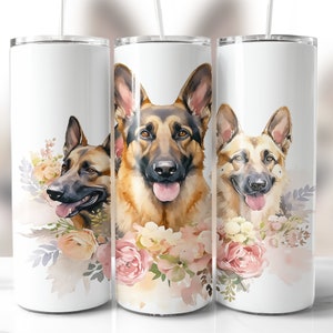 German Shepherd dogs Flower Tumbler Wrap 20 oz Skinny Tumbler Sublimation Design Digital Download PNG, Instant file, Straight Tapered wrap