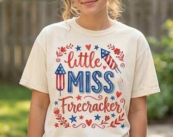 Little Miss Firecracker PNG, 4th of July Kids Shirt Design, Patriotic Girl PNG, USA Independence Day Sublimation, Red Blue digital Download