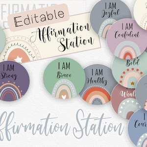 Könnte beinhalten: Ein Set mit 12 bunten Affirmationskreisen mit Regenbogen-Designs und positiven Botschaften wie "Ich bin stark", "Ich bin mutig" und "Ich bin glücklich". Die Kreise sind perfekt für eine Affirmationsstation im Klassenzimmer oder zu Hause.