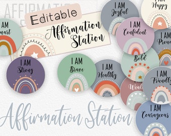 Plakaty Boho Rainbow Affirmation Station | Etykiety Circle Mirror | EDYTOWALNE Pozytywne afirmacje w klasie | Wystrój klasy | Wydrukowany plik cyfrowy