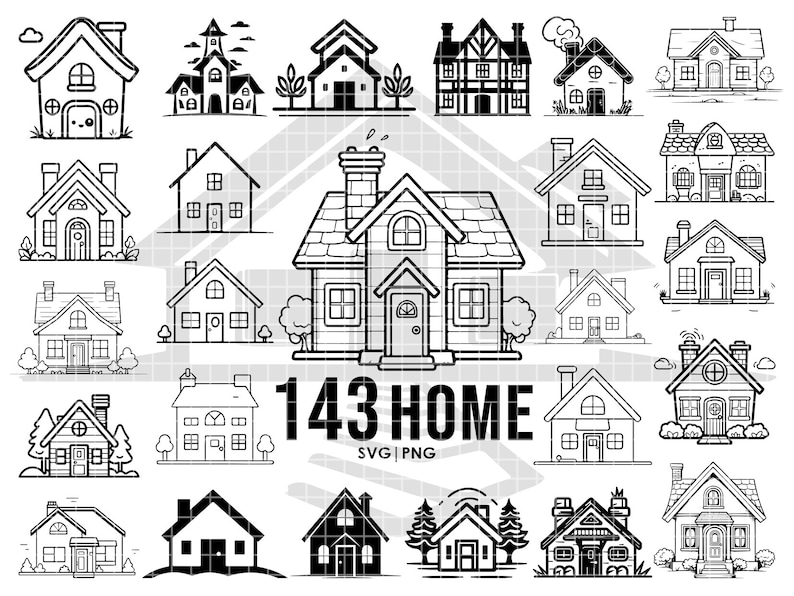 Home SVG bundel, huis vector cricut, digitale download, PNG bundel, tatoeage, omtrek tekenen, t-shirt afdrukken, stencils, clipart tekening afbeelding 1
