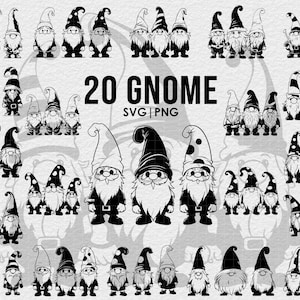 May include: A set of 20 black and white gnome illustrations. The gnomes are in various poses and wearing different hats. The text "20 Gnome SVG|PNG" is at the bottom of the image.