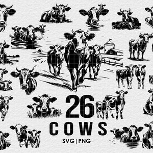 Puede incluir: Una colección de 26 ilustraciones de vacas en blanco y negro. Las vacas están en varias poses, incluyendo de pie, sentadas y acostadas. Las ilustraciones son perfectas para usar en proyectos de manualidades, scrapbooking o diseño digital.