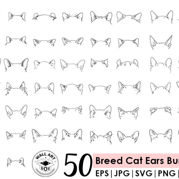 Cat Ears line drawing Bundle | 50 Cat Breeds ears | kitten svg| Line Drawing | Compatible with Cricut and Silhouette | tattoo| t-shirt