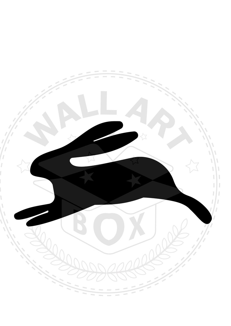 K&ouml;nnte beinhalten: Schwarz-wei&szlig;e Silhouette eines springenden Kaninchens vor einem Kreis mit dem Text "WALL ART BOX" darin.