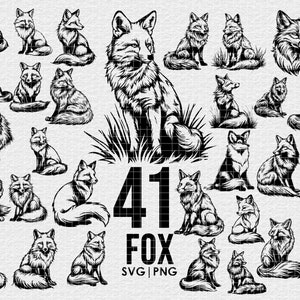 May include: A set of 41 black and white fox illustrations. The foxes are in various poses, including sitting, standing, and running. The illustrations are perfect for use in crafts, scrapbooking, and other creative projects.