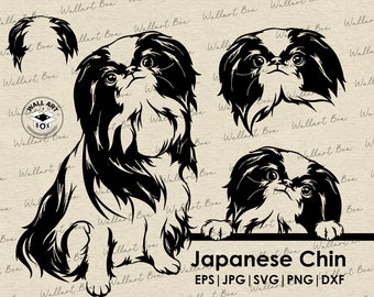 May include: Black and white silhouette illustration of a Japanese Chin dog in four different poses. The text "Japanese Chin" is written in black at the bottom of the image. The text "EPS | JPG | SVG | PNG | DXF" is written in black below the text "Japanese Chin".