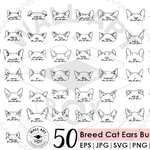 Contorno de orelhas de gato SVG, pacote PNG | 50 raças de mães gatas | gatinho svg| Desenho de linha | Compatível com Cricut e Silhouette | tatuagem | camiseta
