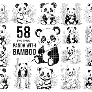 以下が含まれることがあります： パンダと竹をモチーフにした、白黒のSVGとPNGのデジタルファイル58点セット。デザインには「Panda with Bamboo」のテキストが含まれています。