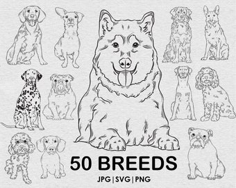 50 breed Dog mega bundle drawing  SVG, Png, jpg Bundle, Playful fullbody Dog, Cricut laser cutting, Tattoo, t-shirt, mug, Vector graphic