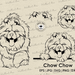 May include: Black and white line art illustration of a Chow Chow dog in three different poses. The dog is looking directly at the viewer in all three poses. The text "Chow Chow" is written below the images, and the text "EPS | JPG | SVG | PNG | DXF" is written below that.