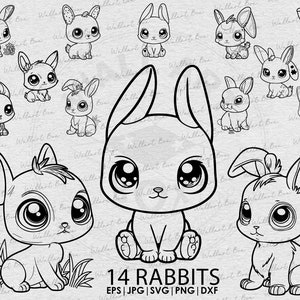 Little rabbit cartoon bunny bundle svg cut file, Rabbit Easter SVG, animals, flower svg, animal hand drawn style,svg,png, dxf,eps for cricut