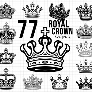 May include: A set of 77 black and white crown illustrations. The crowns are in various styles, including royal, medieval, and modern. The text "77+ Royal Crown SVG | PNG" is displayed in the center of the image.