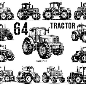 May include: A set of 10 black and white tractor SVG cut files. The tractors are in various poses and styles. The text "64 TRACTOR" is included in the design.