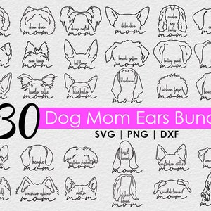 Contorno de oreja de perro SVG, PNG Bundle / 30 razas de perros de mamá / Dibujo de línea / Compatible con Cricut y Silhouette / Licencia comercial / huella de pata