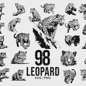 May include: A set of 98 black and white leopard silhouette illustrations. The leopards are in various poses, including walking, running, and lying down. The text "98 LEOPARD SVG | PNG" is at the bottom of the image.