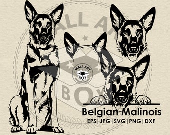 Belgian malinois svg- Malinois Face-Dog svg files for cricut- peeking dog -full body vector-Malinois ears- download eps, ai, svg, dxf, png
