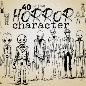 May include: A set of 40 black and white horror character illustrations. The characters are drawn in a cartoon style and include zombies, skeletons, and other spooky figures. The illustrations are perfect for creating Halloween decorations, party invitations, or other spooky projects.