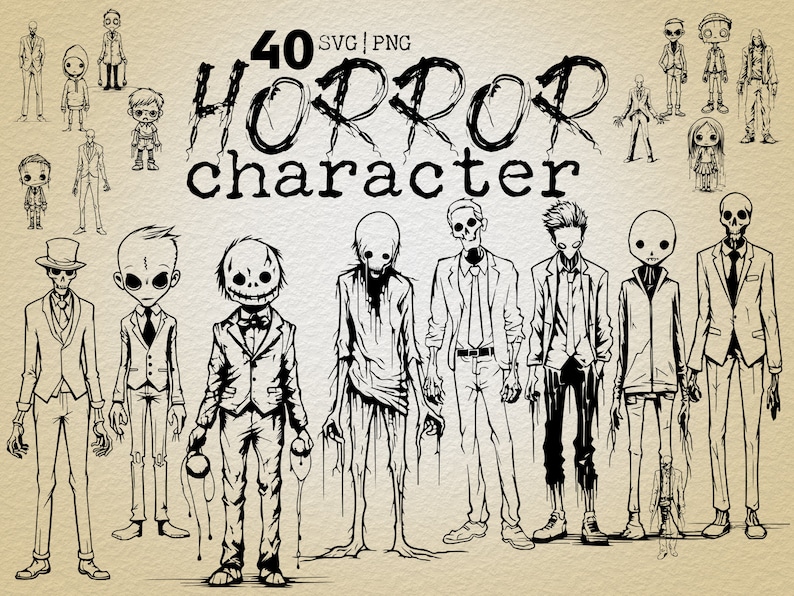 May include: A set of 40 black and white horror character illustrations. The characters are drawn in a cartoon style and include zombies, skeletons, and other spooky figures. The illustrations are perfect for creating Halloween decorations, party invitations, or other spooky projects.