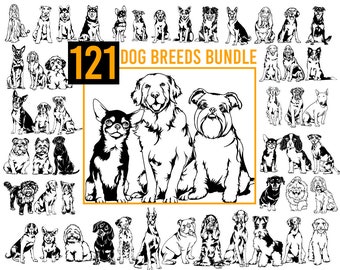 121 breed Dog mega bundle drawing  SVG, Png, eps, dxf, jpg Bundle, Playful fullbody Dog, Cricut laser cutting, Tattoo, t-shirt, mug, Vector