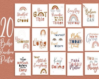 Paquete de carteles inspiradores para el aula, citas en el aula Boho Rainbow, afirmación positiva imprimible, mentalidad de crecimiento, decoración del aula,