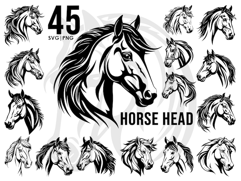Puede incluir: Un conjunto de 45 ilustraciones de siluetas de cabeza de caballo en blanco y negro. Las ilustraciones est&aacute;n en una variedad de poses y &aacute;ngulos. El texto "HORSE HEAD" est&aacute; escrito debajo de las ilustraciones.