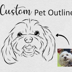 May include: Black and white line art illustration of a dog's head with a happy expression. The dog has floppy ears and a long snout. The illustration is on a grey background with the text "Custom Pet Outline" at the top. A small photo of a white dog is in the bottom right corner.
