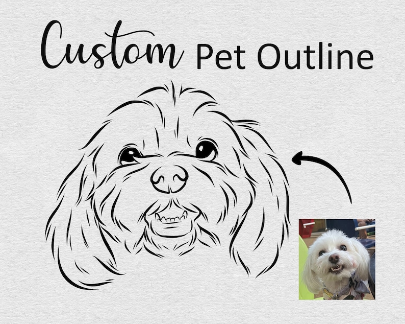 May include: Black and white line art illustration of a dog's head with a happy expression. The dog has floppy ears and a long snout. The illustration is on a grey background with the text "Custom Pet Outline" at the top. A small photo of a white dog is in the bottom right corner.