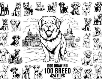 100 DOG Breeds SVG, Full body Dog Clipart, Dog line drawing Svg Files For Cricut, 212 Dog Variations, Transparent Background Included