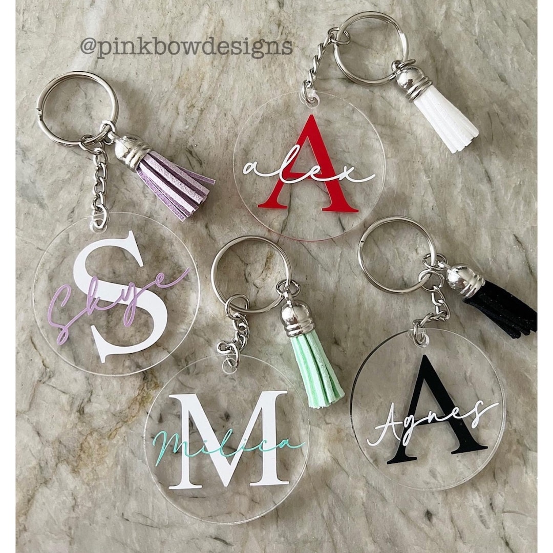 Personalized Initial Acrylic Keychain: Custom Name Tassel Keyring ...