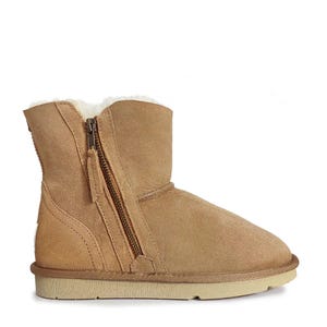 May include: A tan suede ankle boot featuring a side zip closure with a metallic pull tab. The boot has a rounded toe, a thick cream-coloured rubber sole, and a visible white fleece lining extending from the top opening of the footwear.