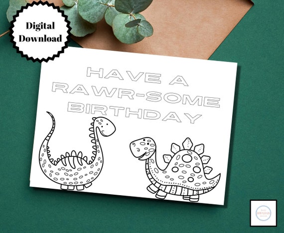 Printable Coloring Dinosaur Birthday Card Dinosaur Birthday - Etsy