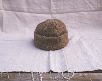 Beige Sherpa beanie, furry hat, recycled beanie, beanie hat, sherpa hat, winter hat, shearling beanie, Made in Canada, Made in Quebec