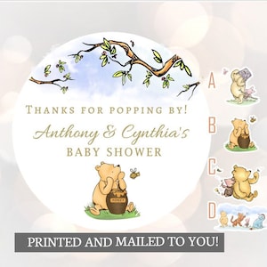 Bedankt voor het langskomen, Winnie de Pooh, stickers, babyshower, verjaardag, honing, klassieke Winnie de Pooh-babystickers