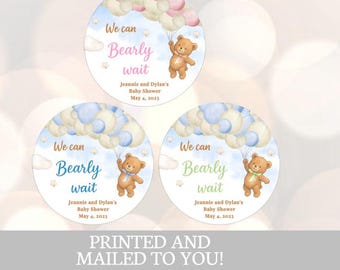 Pegatinas de recuerdo "Podemos esperar", etiquetas de recuerdo para baby shower con osito de peluche, osito de peluche para niño, osito para baby shower para niña