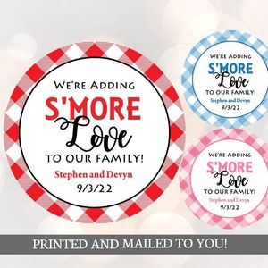 BABY-Q、Baby Q ステッカー ラベル パーソナライズ、Baby Q S'more ステッカー = BBQ ベビーシャワー ギフト ラベル、S'more ギフト ステッカー、レッド ギンガム