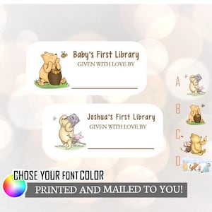 Pooh Bear Book Plate Labels, Classic Bear Stickers, Winnie Library Labels, Baby Shower Labels