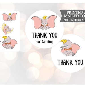 Pegatinas de Dumbo, Baby Shower, Tema Circo, Fiesta de Cumpleaños, Gracias, Personalizadas, Pegatinas para Bolsas de Favor, Etiquetas para Tarros