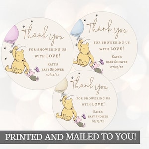 Winnie the Pooh, showering us with love, Stickers, Baby Shower, Birthday, Honey Favors, Classic Winnie the Pooh Baby stickers