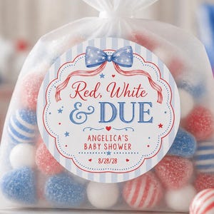 Red White and Due Baby Shower Favor Sticker, 4th of July Baby Thank You, Patriotic Baby Shower, American Bow Summer, Firecracker on the Way