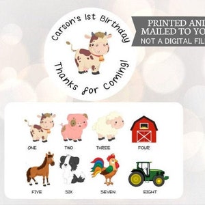 Farm Birthday Party Stickers ,Farm Animal Barn Tractor Large Round Labels, Personalized Stickers