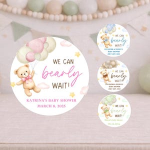 We Can Bearly Wait Favor Stickers, Teddy Bear baby shower favor labels labels, teddy bear baby shower boy, bear shower girl