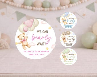 We Can Bearly Wait Favor Stickers, Teddy Bear baby shower favor labels labels, teddy bear baby shower boy, bear shower girl
