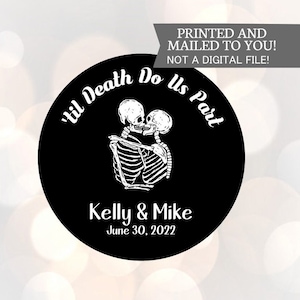 Halloween Til Death Do Us Part Hochzeitsaufkleber, Halloween Hochzeitsaufkleber, Halloween Hochzeitsbevorzugungen, niedliche Skelettbevorzugungen, Aufkleber